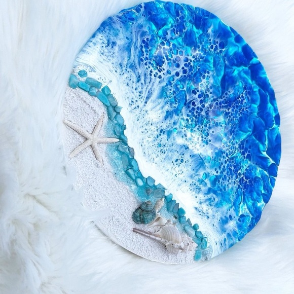 Resin Art Textured Ocean Coastal Wall Hanging Decor Beach Theme Round - Picture 6 of 6